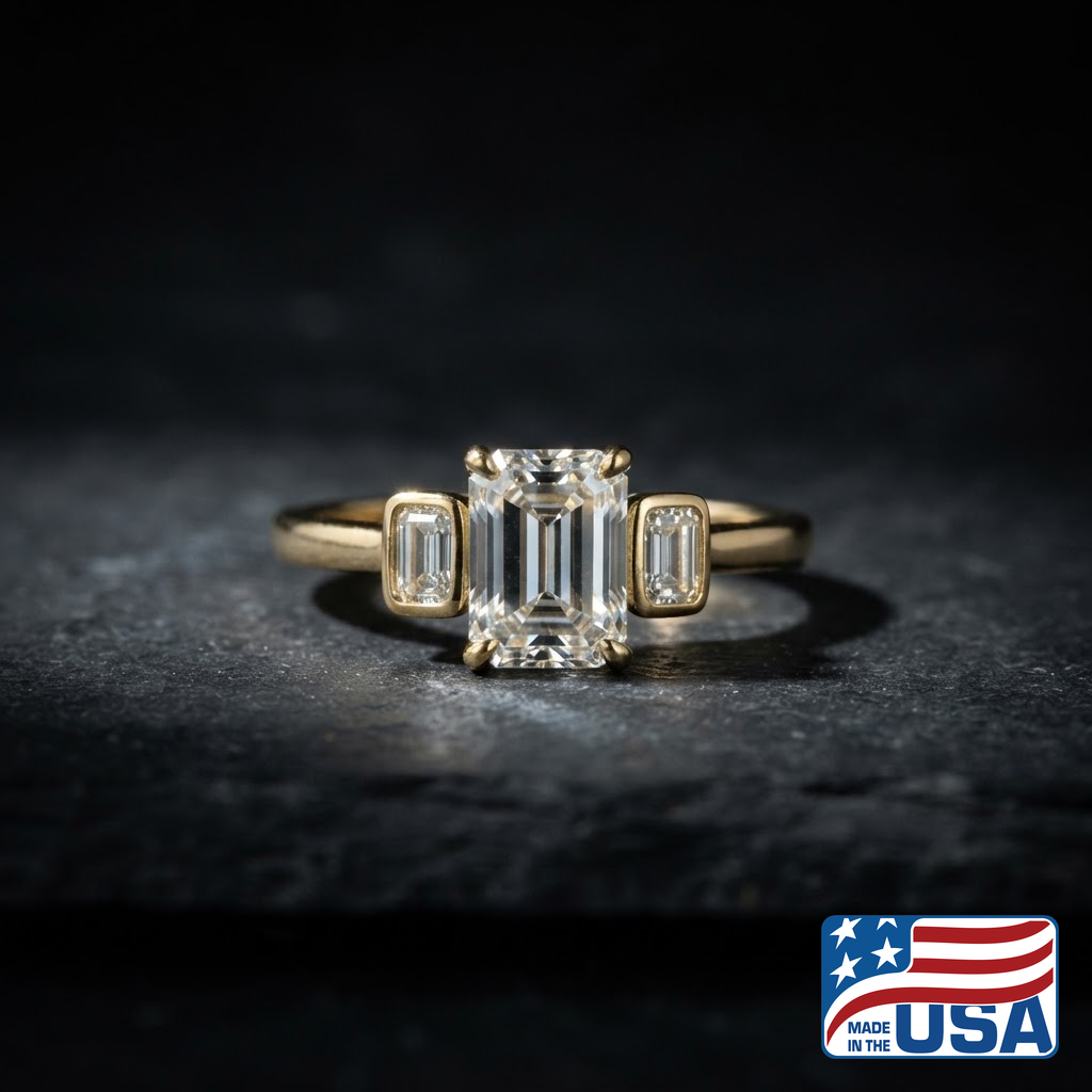 Beatrice Three-Stone Engagement Ring | Emerald Lab-Grown Diamond, 14k Yellow Gold | EverLumina
