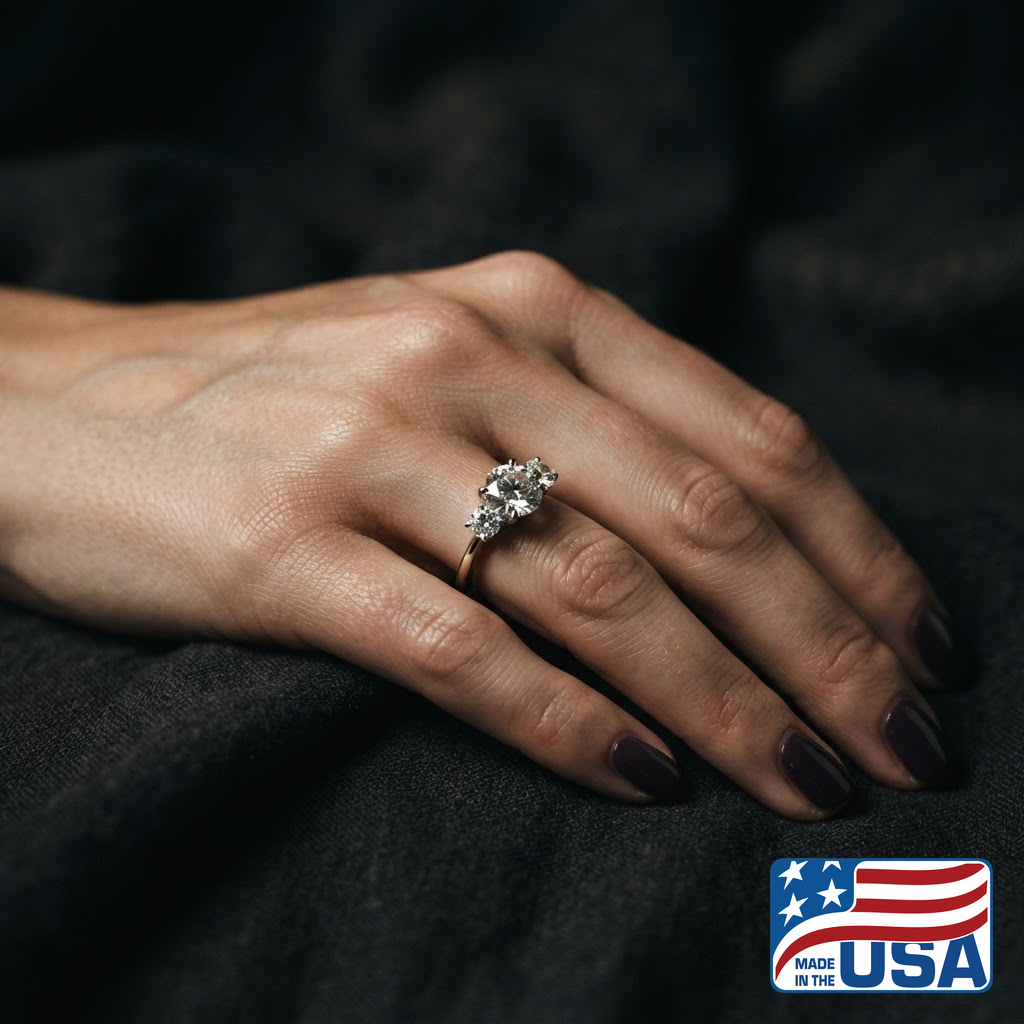 Camilla Three-Stone Engagement Ring | Emerald Natural Diamond, 18k White Gold | EverLumina
