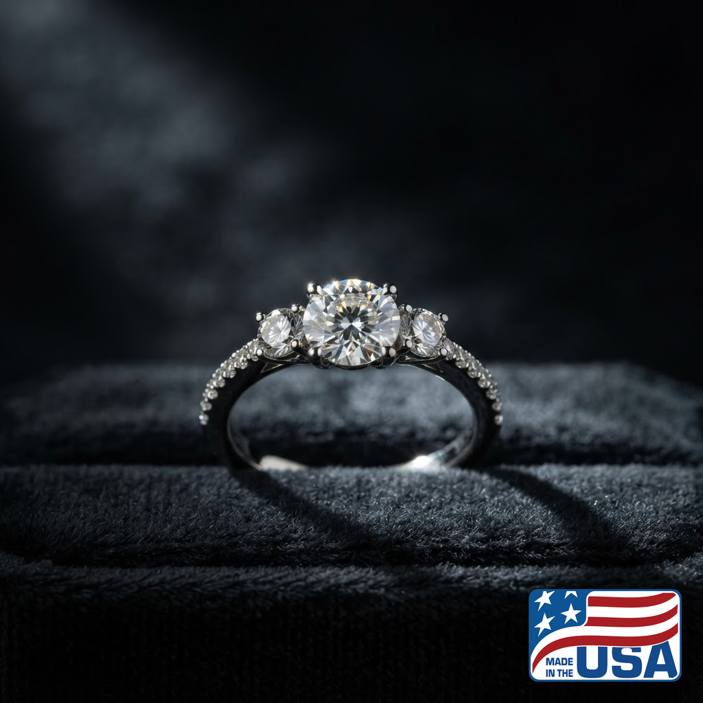 Camilla Three-Stone Engagement Ring | Emerald Natural Diamond, 18k White Gold | EverLumina