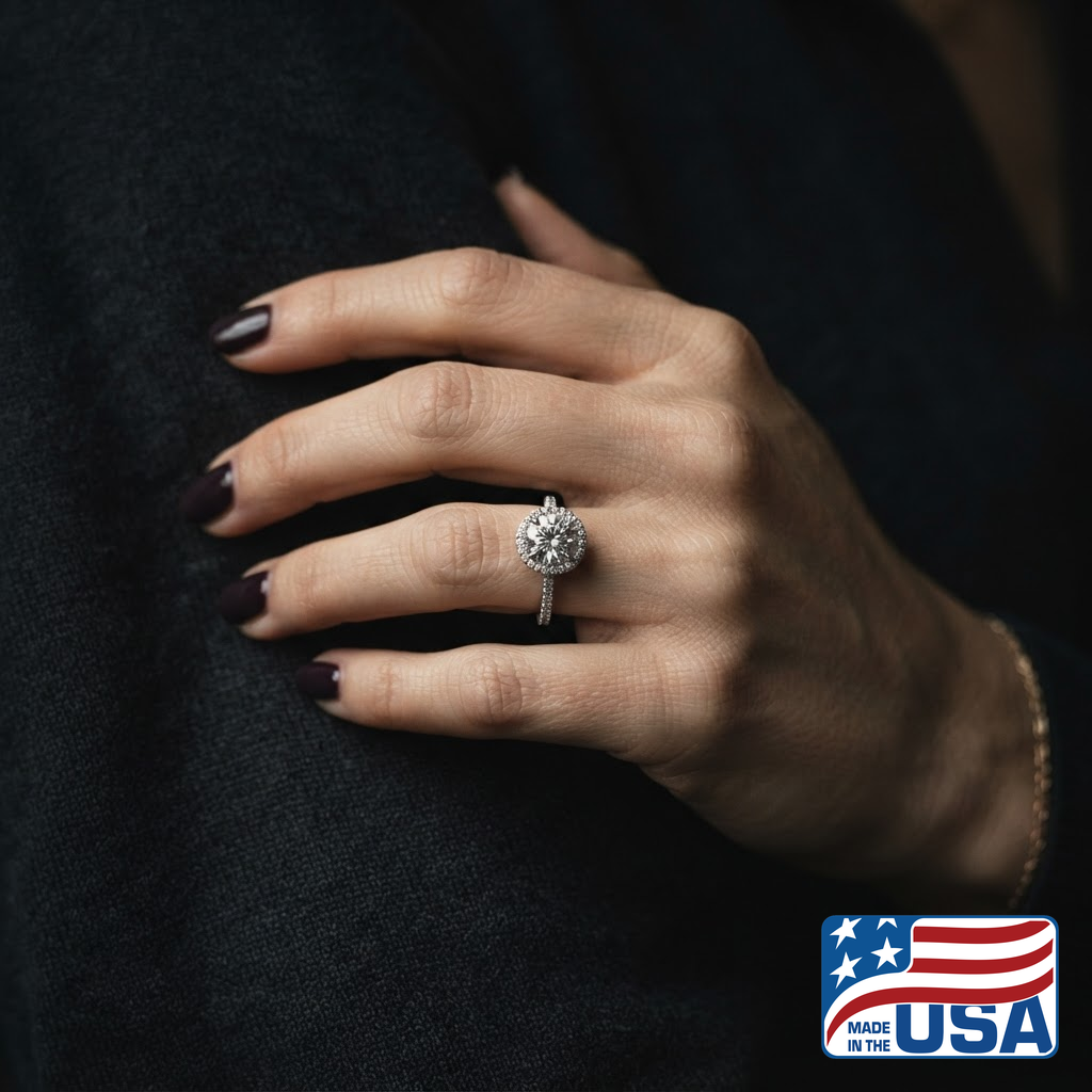 Celeste Halo Engagement Ring | Round Moissanite, 18k White Gold | EverLumina