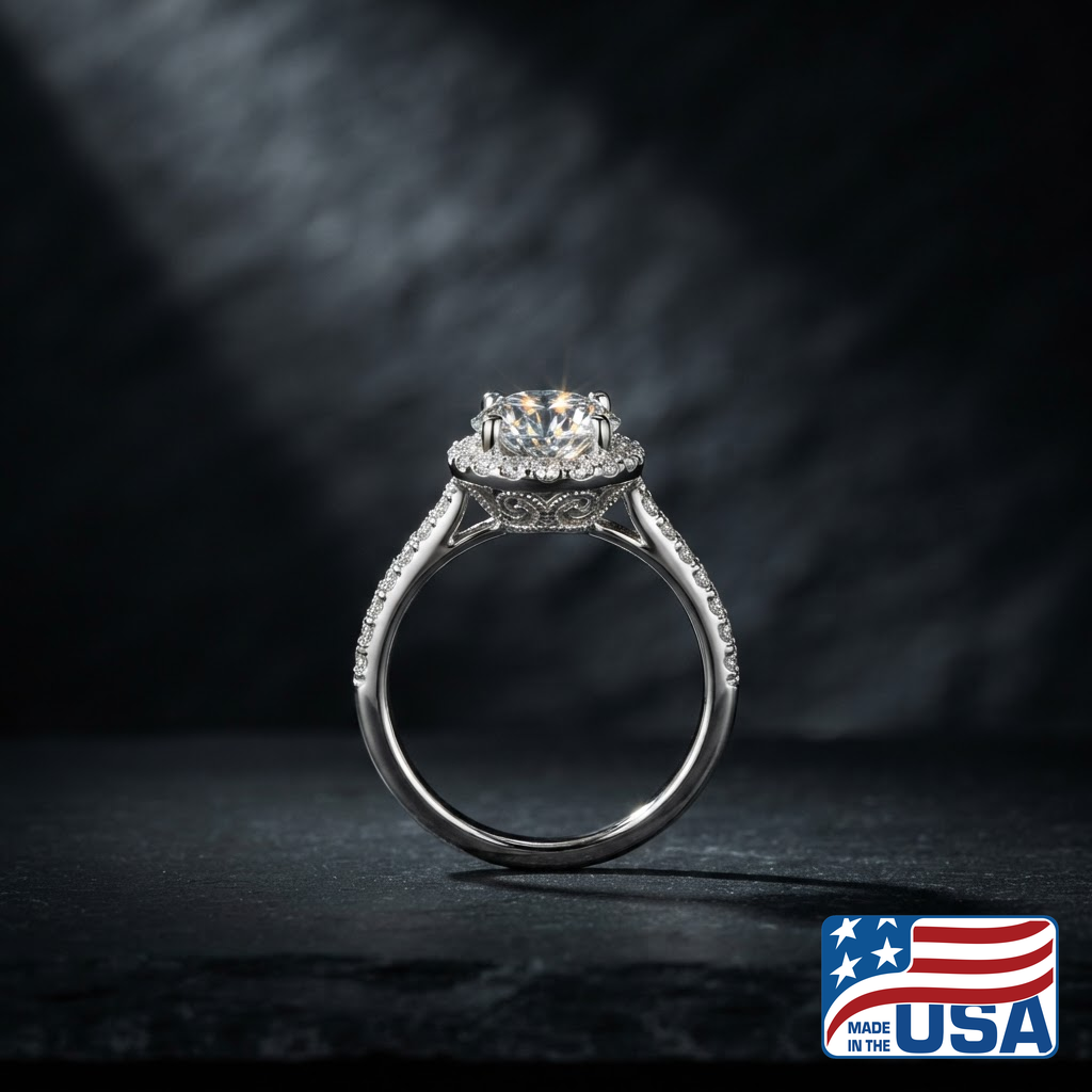 Celeste Halo Engagement Ring | Round Moissanite, 18k White Gold | EverLumina
