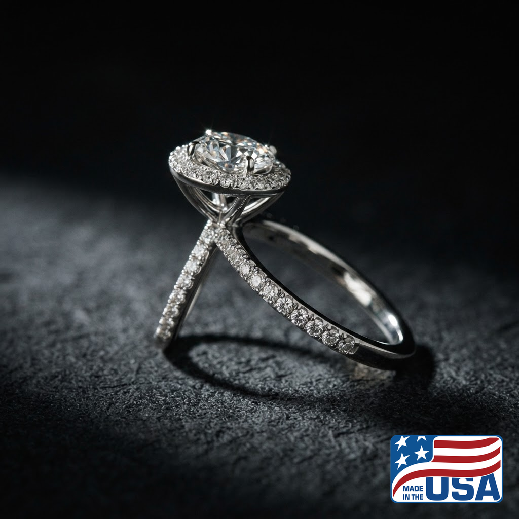 Celeste Halo Engagement Ring | Round Moissanite, 18k White Gold | EverLumina