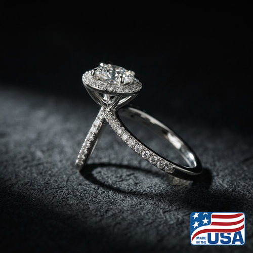 Celeste Halo Engagement Ring | Round Moissanite, 18k White Gold | EverLumina