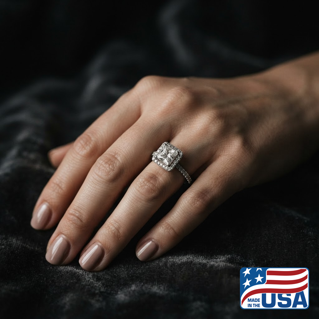 Evangeline Halo Engagement Ring | Princess Moissanite, 14k White Gold | EverLumina