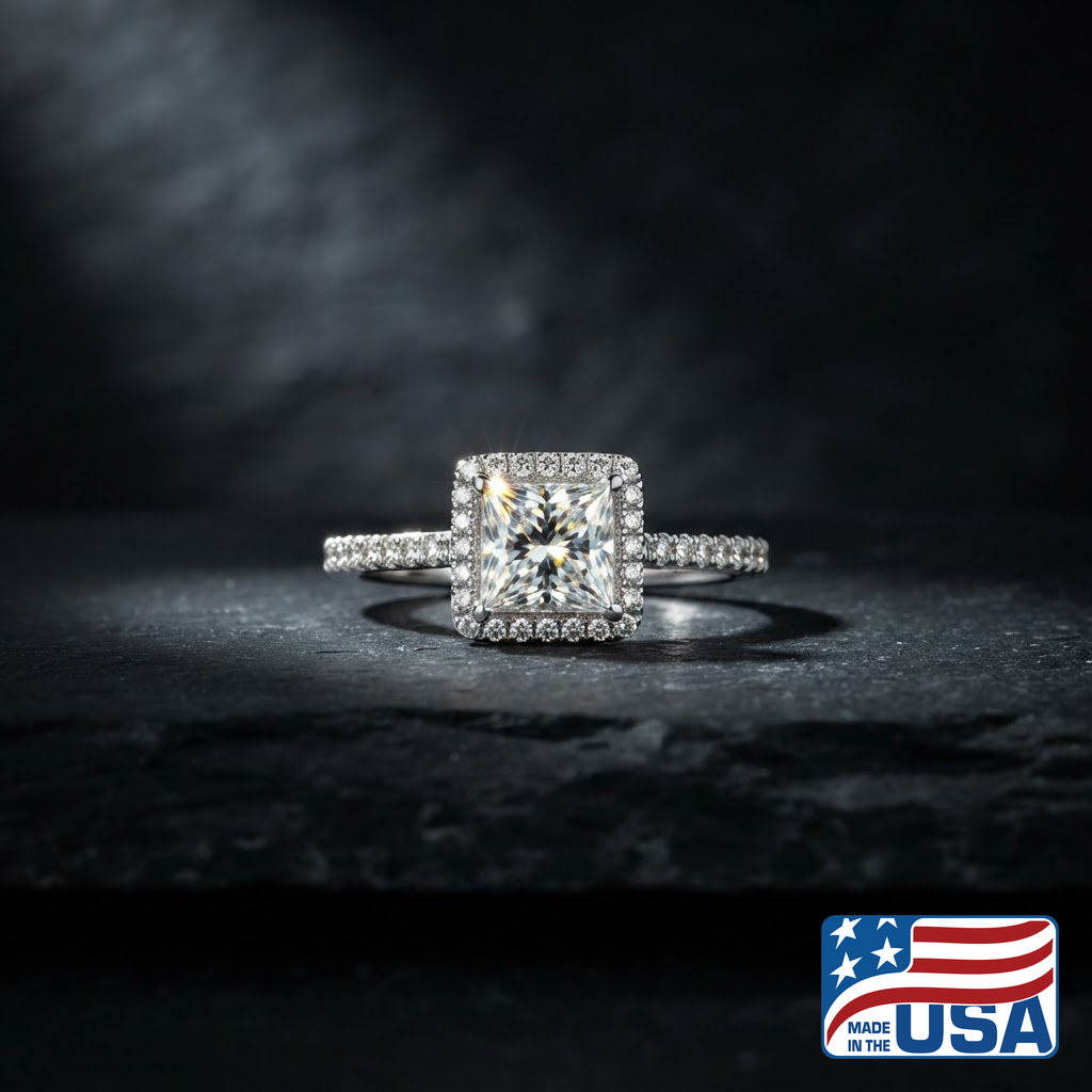 Evangeline Halo Engagement Ring | Princess Moissanite, 14k White Gold | EverLumina
