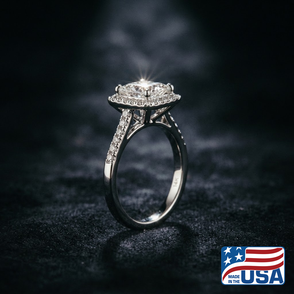 Evangeline Halo Engagement Ring | Princess Moissanite, 14k White Gold | EverLumina