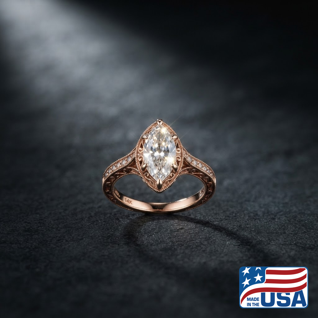 Genevieve Vintage Engagement Ring | Marquise Moissanite, 14k Rose Gold | EverLumina