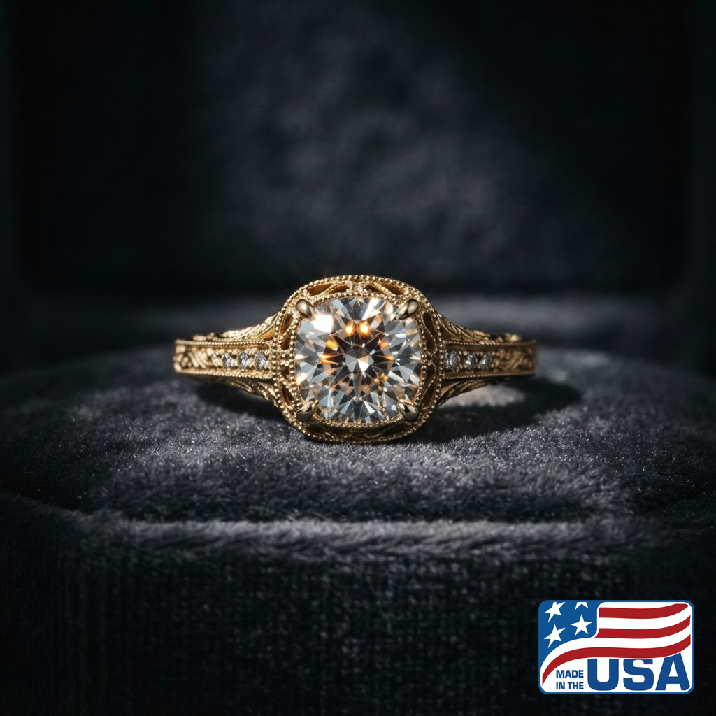 Helena Vintage Engagement Ring | Cushion Moissanite, 18k Yellow Gold | EverLumina