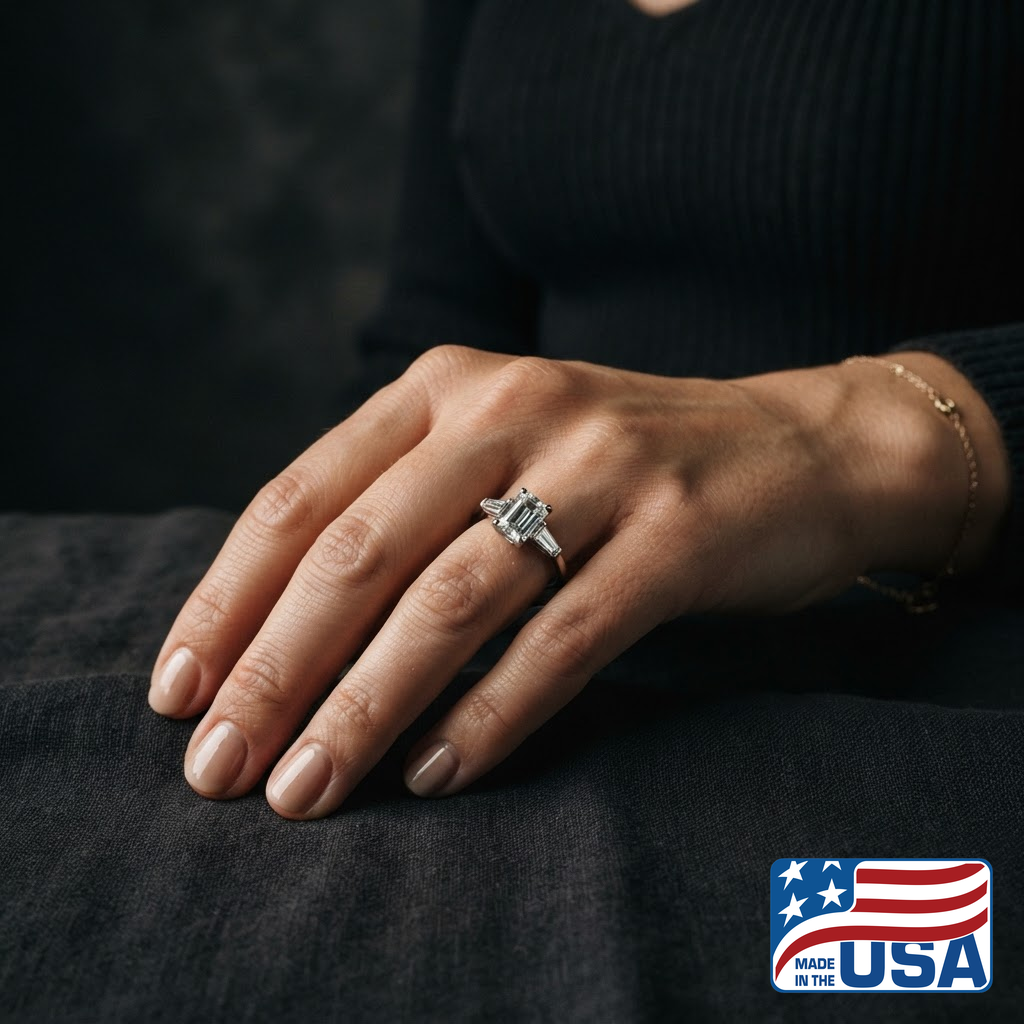 Juliette Three-Stone Engagement Ring | Emerald Moissanite, 18k White Gold | EverLumina