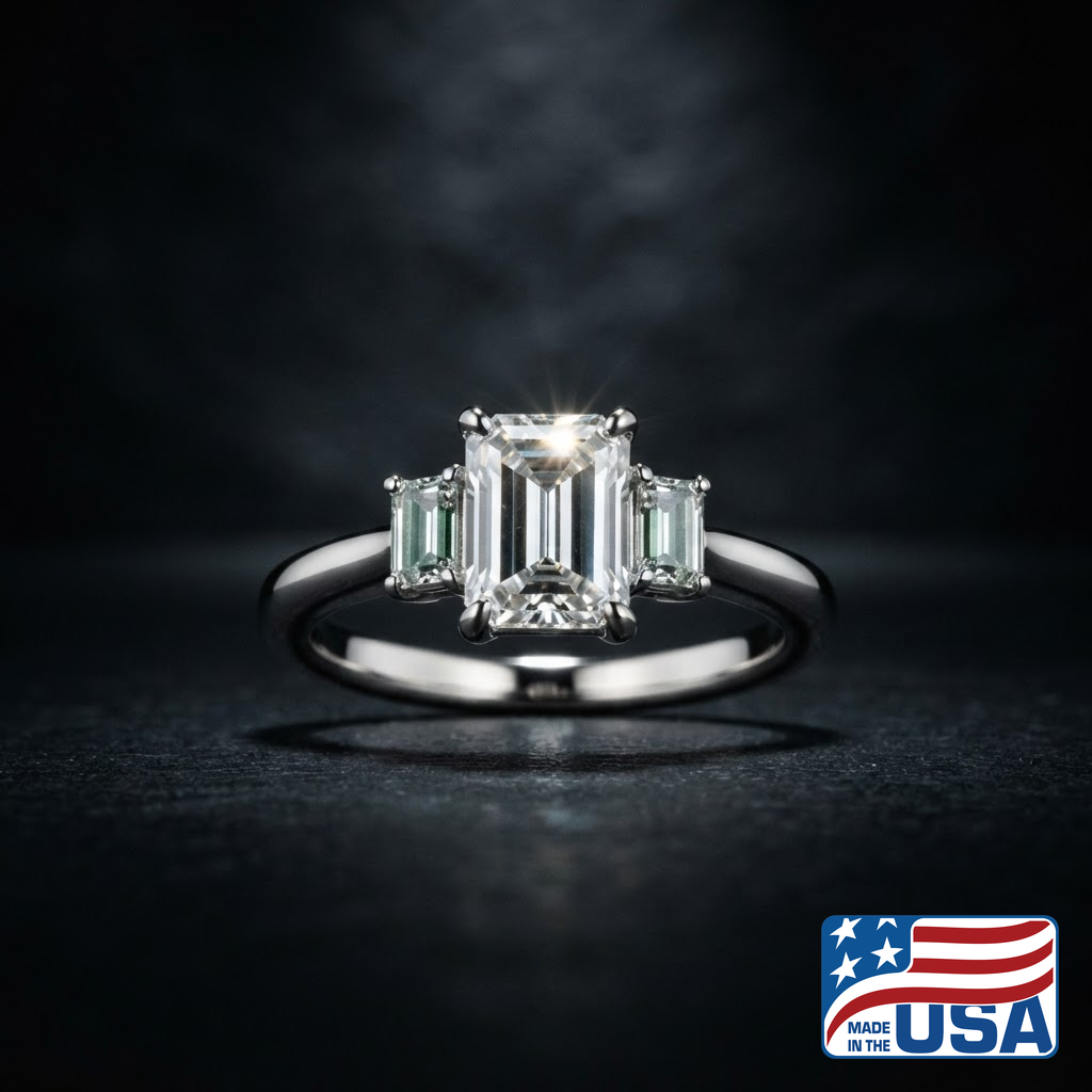 Juliette Three-Stone Engagement Ring | Emerald Moissanite, 18k White Gold | EverLumina