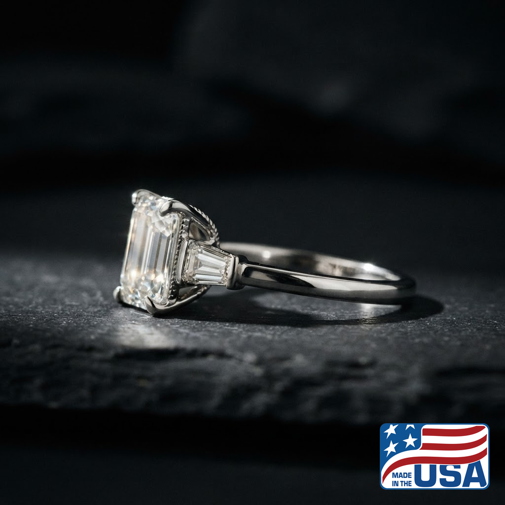 Juliette Three-Stone Engagement Ring | Emerald Moissanite, 18k White Gold | EverLumina