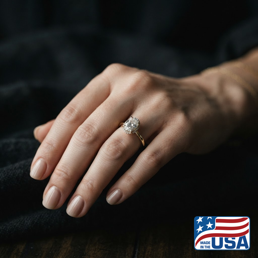 Ophelia Hidden Halo Engagement Ring | Oval Moissanite, 18k Yellow Gold | EverLumina